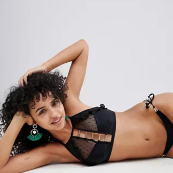 River Island Dobby Mesh High Neck Bikini Top & Tie Side Bikini Brief Size 10 - Picture 6 of 13